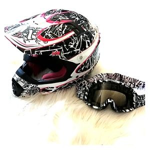 Fox riding helmet and goggles